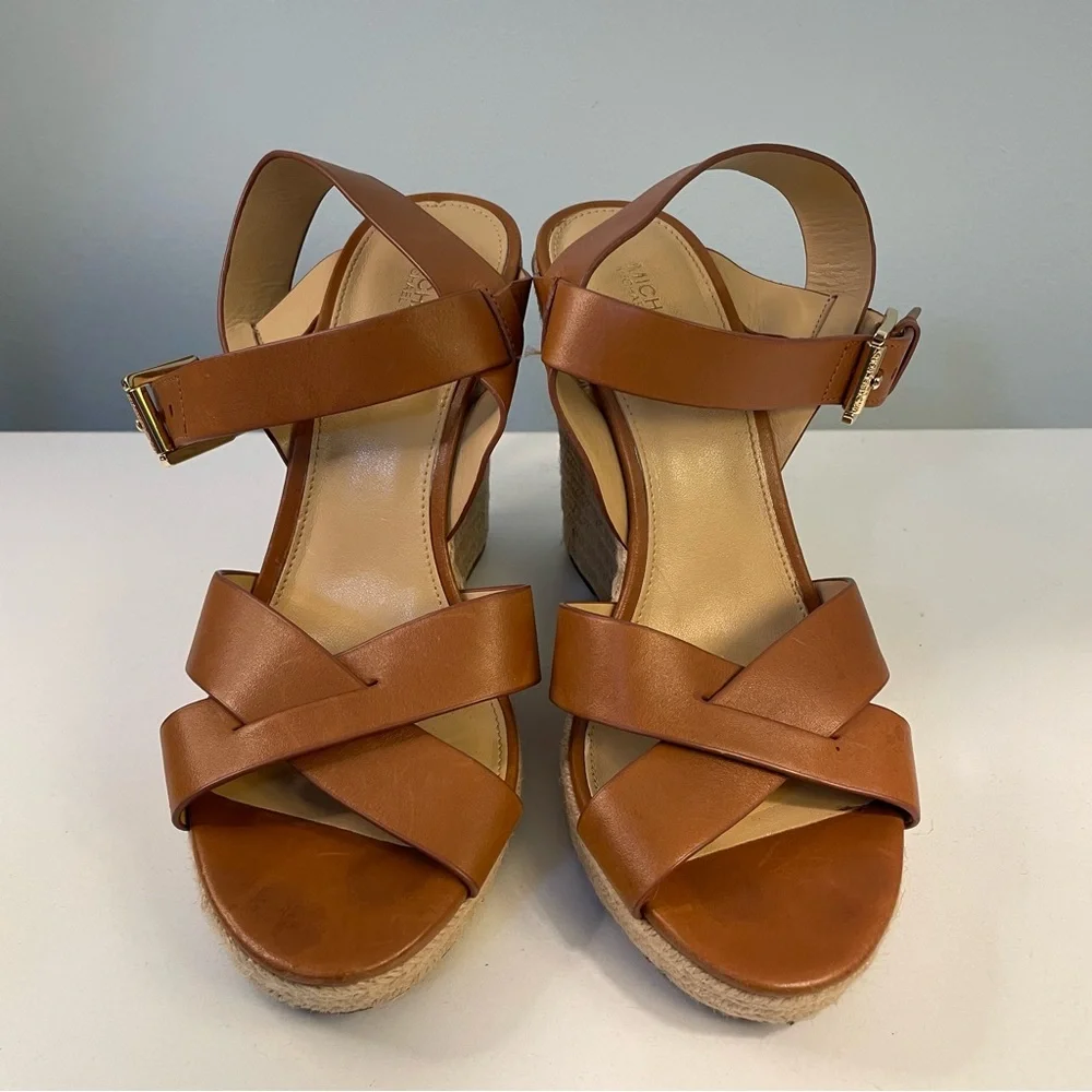 Michael Kors Tan Leather Espadrille Wedge Sandals Size 9